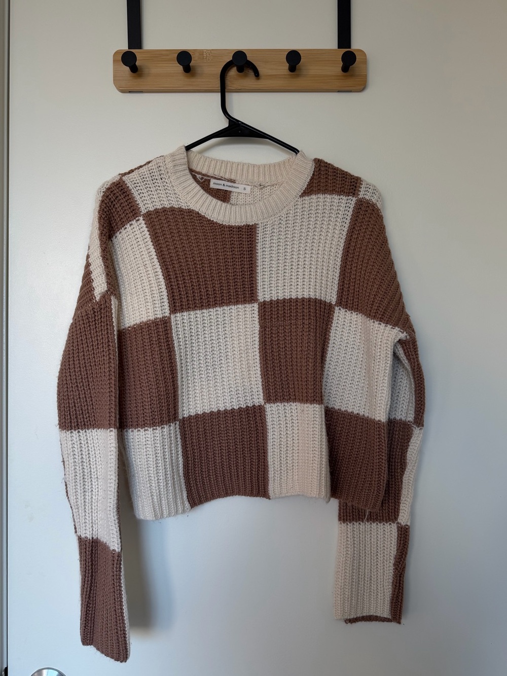 moon & madison Cream and Brown Checker Knit Crewneck Sweater